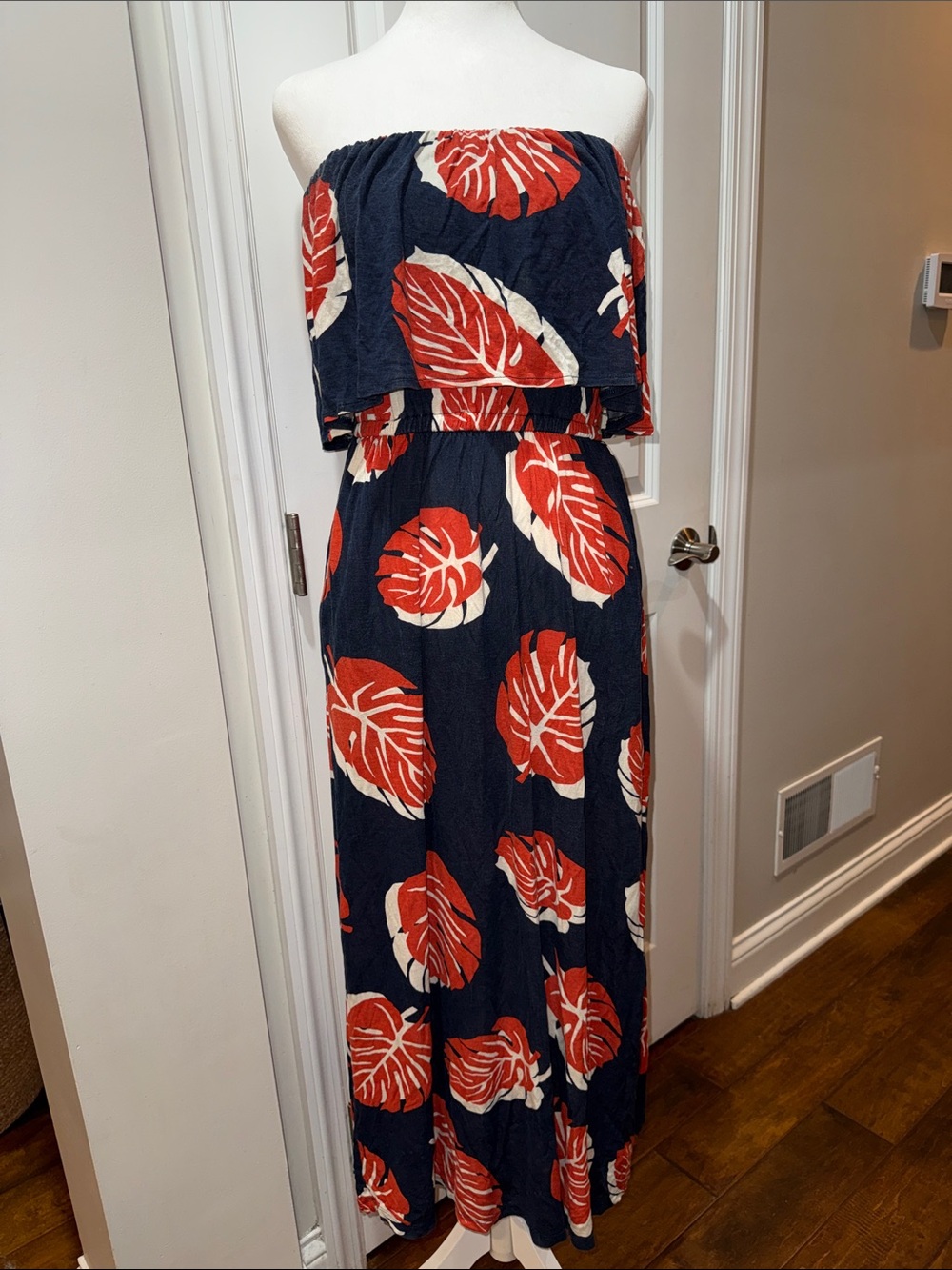Lucky Brand Strapless Navy Maxi Dress with Red and Cream Leaf Print